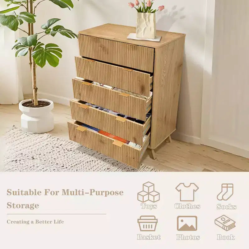 Comodino a 5 cassetti per camera da letto, cassettiera in legno con pannelli scanalati, portaoggetti e organizzazione per soggiorno, armadio e corridoio