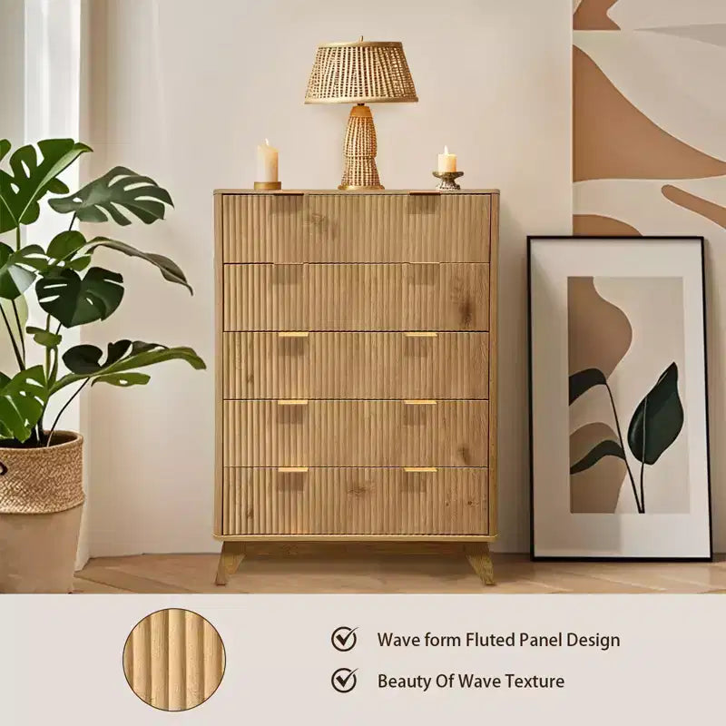 Comodino a 5 cassetti per camera da letto, cassettiera in legno con pannelli scanalati, portaoggetti e organizzazione per soggiorno, armadio e corridoio