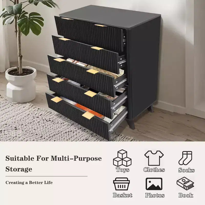 Comodino a 5 cassetti per camera da letto, cassettiera in legno con pannelli scanalati, portaoggetti e organizzazione per soggiorno, armadio e corridoio