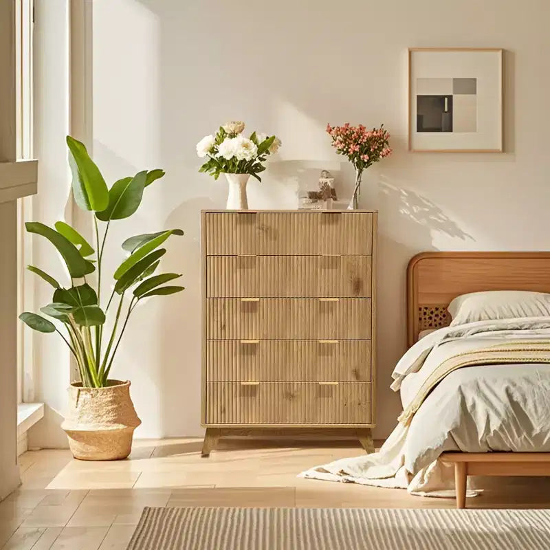 Comodino a 5 cassetti per camera da letto, cassettiera in legno con pannelli scanalati, portaoggetti e organizzazione per soggiorno, armadio e corridoio