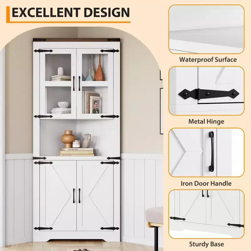 Mobile angolare da fattoria, mobile angolare alto con anta in vetro e ripiani regolabili, mobiletto da bagno con contenitore per soggiorno, bagno