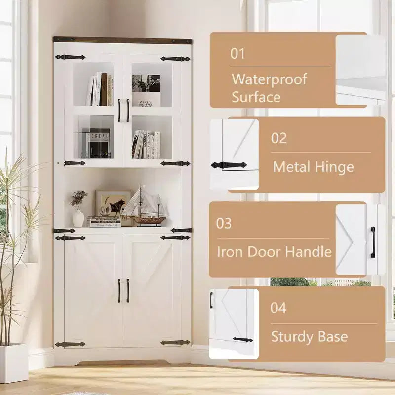 Mobile angolare da fattoria, mobile angolare alto con anta in vetro e ripiani regolabili, mobiletto da bagno con contenitore per soggiorno, bagno