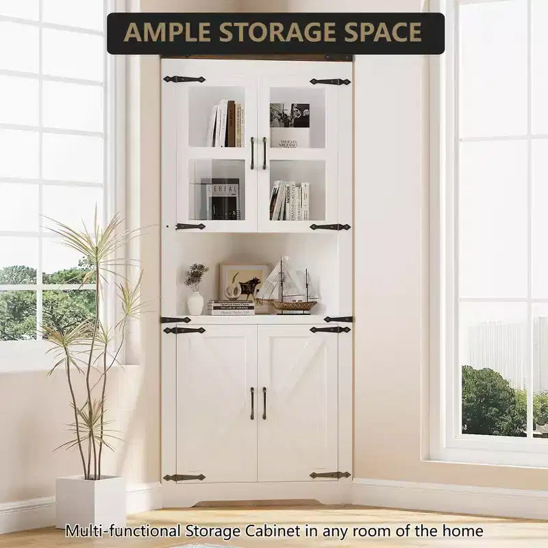 Mobile angolare da fattoria, mobile angolare alto con anta in vetro e ripiani regolabili, mobiletto da bagno con contenitore per soggiorno, bagno