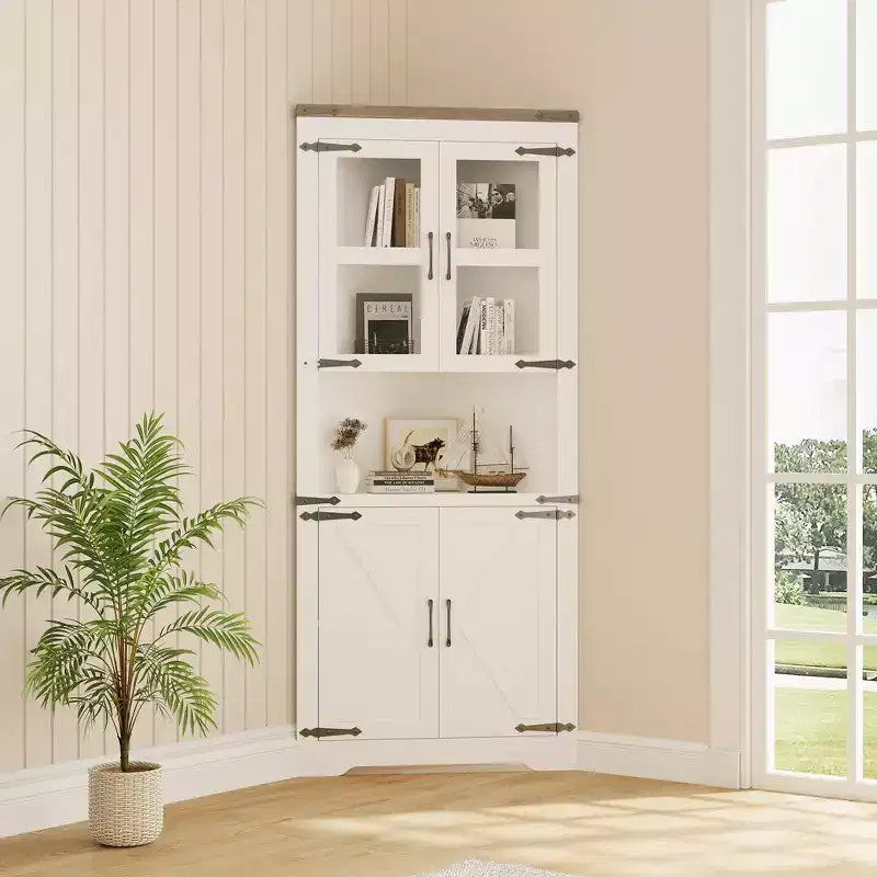 Mobile angolare da fattoria, mobile angolare alto con anta in vetro e ripiani regolabili, mobiletto da bagno con contenitore per soggiorno, bagno
