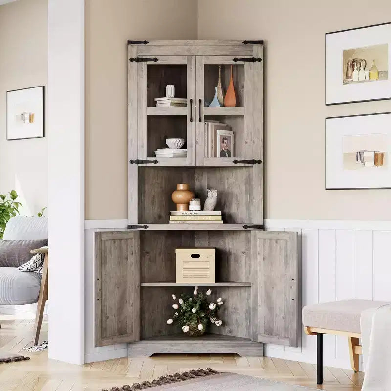 Mobile angolare da fattoria, mobile angolare alto con anta in vetro e ripiani regolabili, mobiletto da bagno con contenitore per soggiorno, bagno