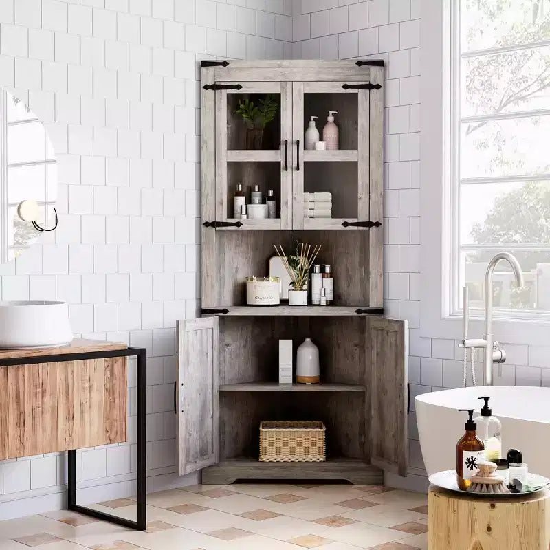Mobile angolare da fattoria, mobile angolare alto con anta in vetro e ripiani regolabili, mobiletto da bagno con contenitore per soggiorno, bagno