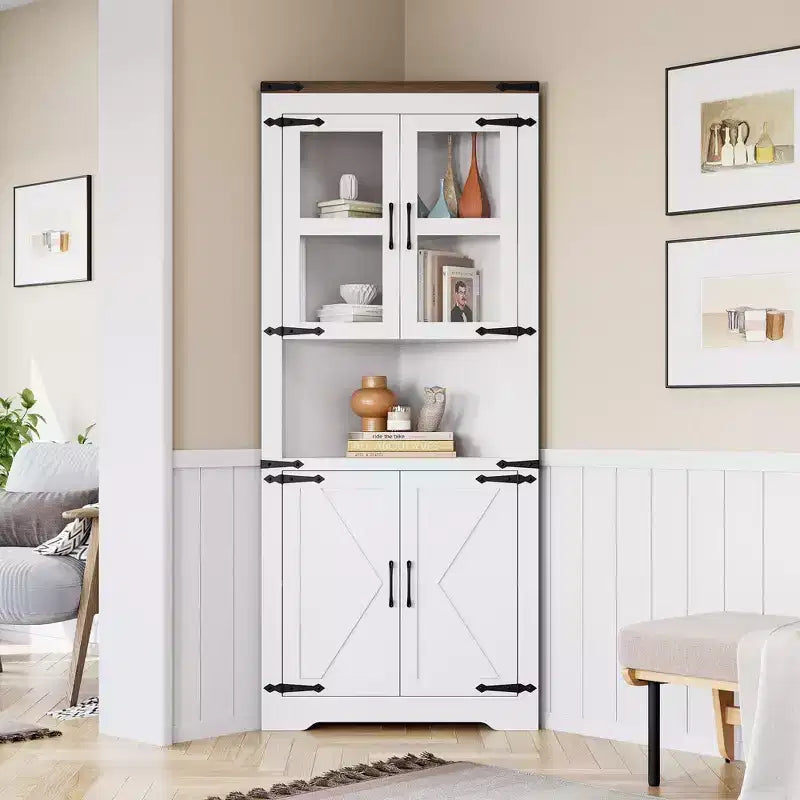 Mobile angolare da fattoria, mobile angolare alto con anta in vetro e ripiani regolabili, mobiletto da bagno con contenitore per soggiorno, bagno