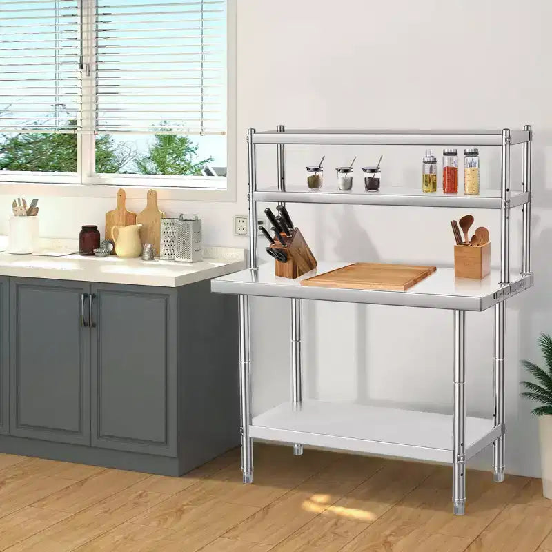 Tavolo in acciaio inossidabile, tavolo da lavoro commerciale in metallo resistente con quattro ripiani di stoccaggio con ganci per la preparazione del cibo in cucina, casa, hotel