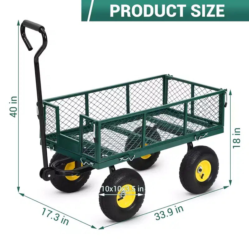 Carrello da giardino in acciaio per impieghi gravosi, capacità 250 kg, con ruote da 10 pollici, maniglia girevole a 180 gradi e sponde rimovibili per uso esterno, fattoria, cortile, spiaggia