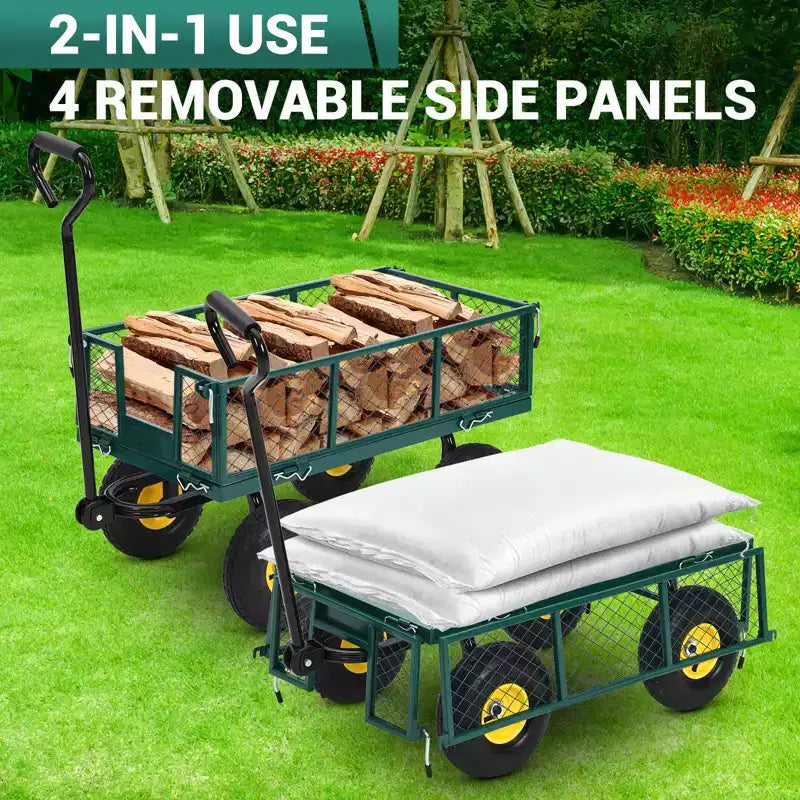 Carrello da giardino in acciaio per impieghi gravosi, capacità 250 kg, con ruote da 10 pollici, maniglia girevole a 180 gradi e sponde rimovibili per uso esterno, fattoria, cortile, spiaggia