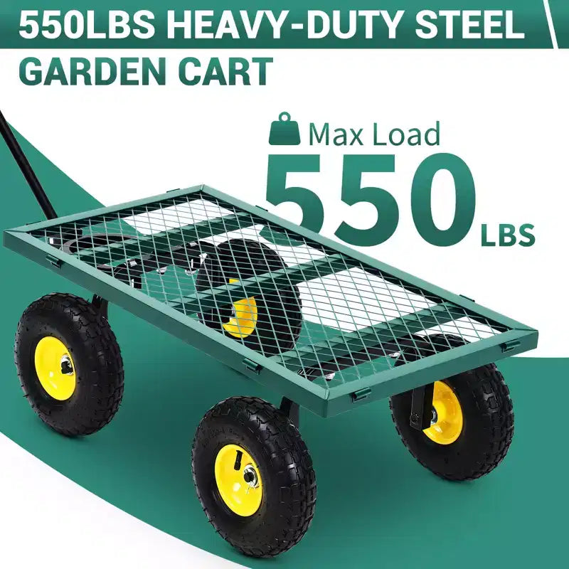 Carrello da giardino in acciaio per impieghi gravosi, capacità 250 kg, con ruote da 10 pollici, maniglia girevole a 180 gradi e sponde rimovibili per uso esterno, fattoria, cortile, spiaggia