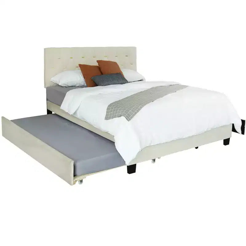 Letto Matrimoniale Moderno in Velluto con Letto Estraibile Singolo e 2 Cassetti Contenitore, Beige