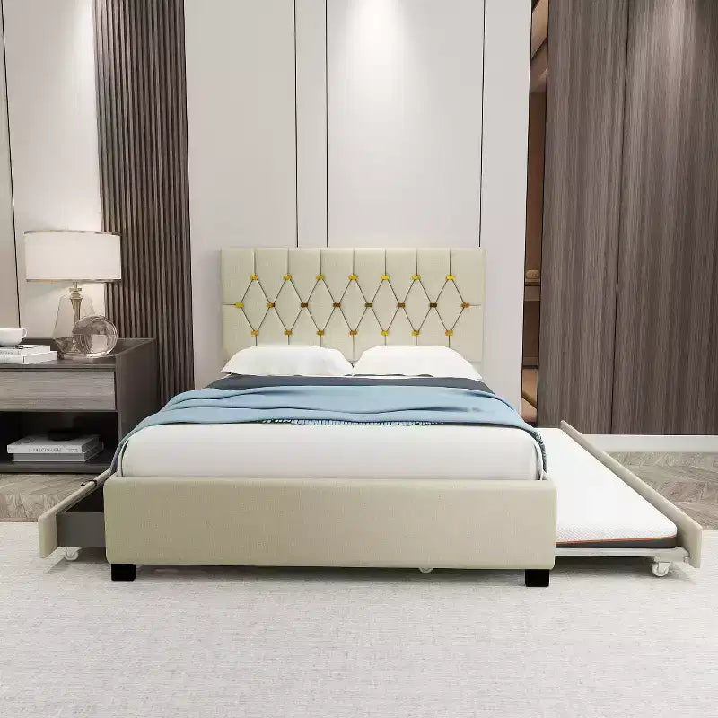 Letto Matrimoniale Moderno in Velluto con Letto Estraibile Singolo e 2 Cassetti Contenitore, Beige