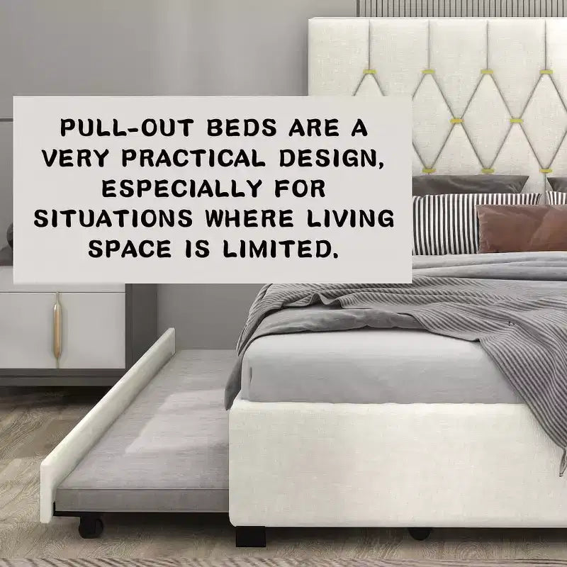Letto Matrimoniale Moderno in Velluto con Letto Estraibile Singolo e 2 Cassetti Contenitore, Beige