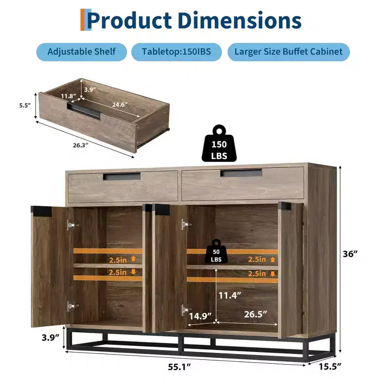 Madia credenza con 2 cassetti e 4 ante, tavolino da bar per cucina e sala da pranzo