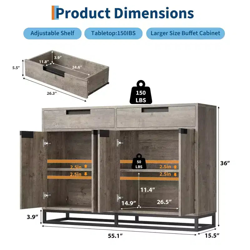 Madia credenza con 2 cassetti e 4 ante, tavolino da bar per cucina e sala da pranzo