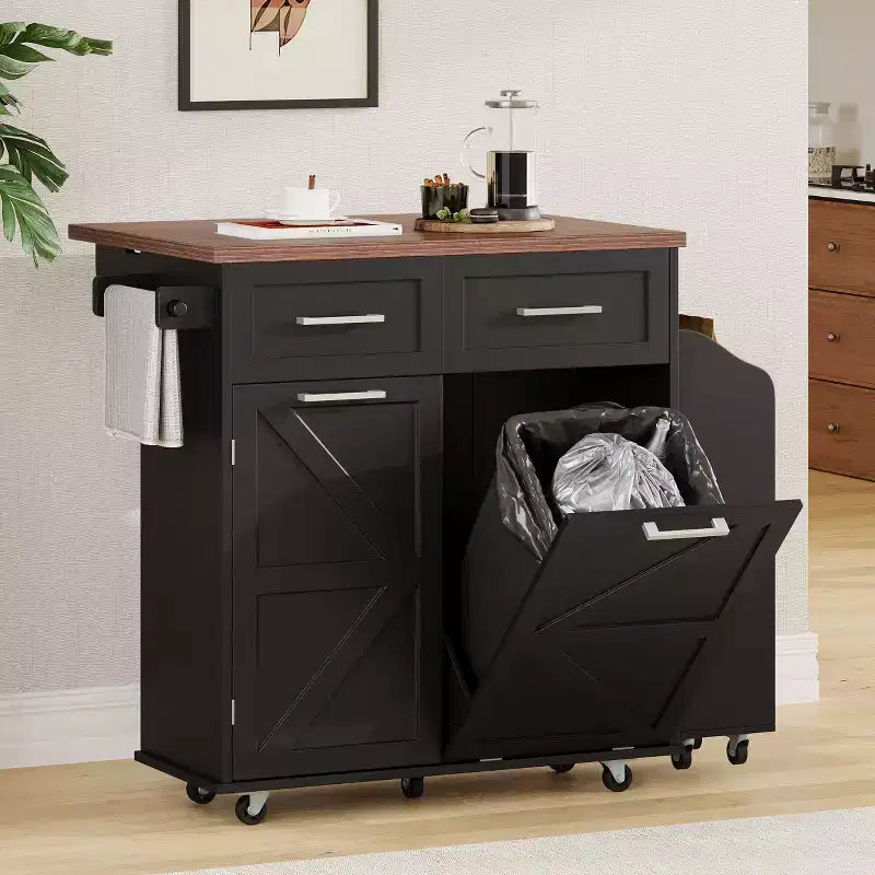Isola Cucina Rustica con Anta Ribaltabile, Carrello Cucina con Ripiani Laterali Rimovibili e Porta Salviette, Carrello da Cucina per la Casa