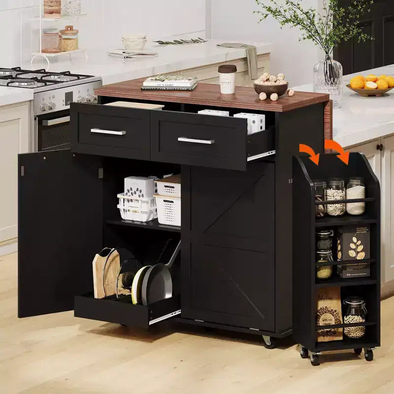 Isola Cucina Rustica con Anta Ribaltabile, Carrello Cucina con Ripiani Laterali Rimovibili e Porta Salviette, Carrello da Cucina per la Casa