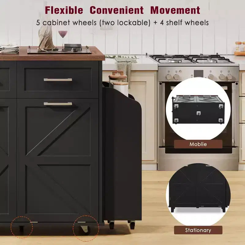 Isola Cucina Rustica con Anta Ribaltabile, Carrello Cucina con Ripiani Laterali Rimovibili e Porta Salviette, Carrello da Cucina per la Casa
