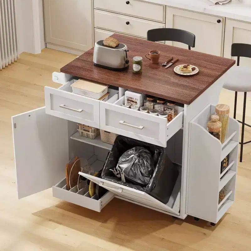 Isola Cucina Rustica con Anta Ribaltabile, Carrello Cucina con Ripiani Laterali Rimovibili e Porta Salviette, Carrello da Cucina per la Casa