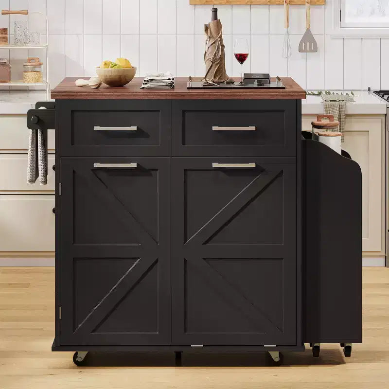 Isola Cucina Rustica con Anta Ribaltabile, Carrello Cucina con Ripiani Laterali Rimovibili e Porta Salviette, Carrello da Cucina per la Casa