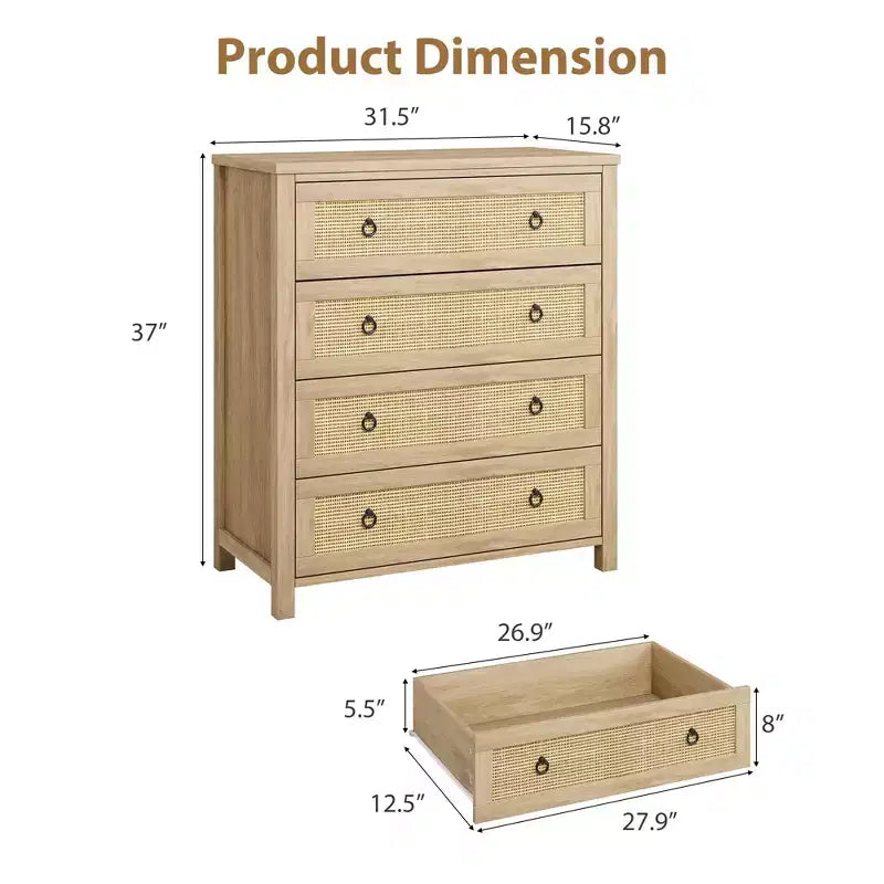 Comò a 4 cassetti per camera da letto, cassettiera in rattan con maniglie in metallo, comodino stretto alto 37, mobile contenitore in legno per vestiti per soggiorno