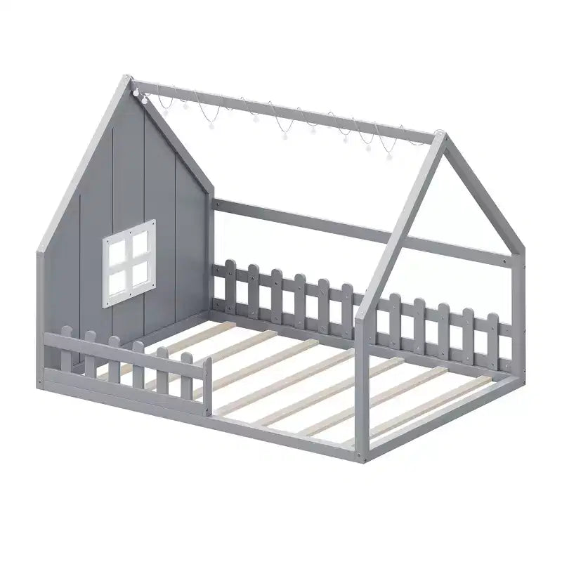 Letto a terra full size per bambini, letto Montessori in legno con recinzione e luce LED, letto a casetta full size con finestra e tetto per bambine e bambini