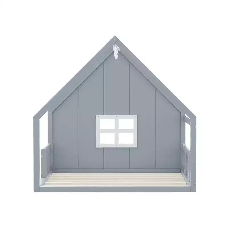 Letto a terra full size per bambini, letto Montessori in legno con recinzione e luce LED, letto a casetta full size con finestra e tetto per bambine e bambini