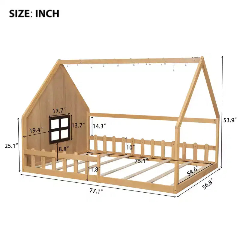Letto a terra full size per bambini, letto Montessori in legno con recinzione e luce LED, letto a casetta full size con finestra e tetto per bambine e bambini