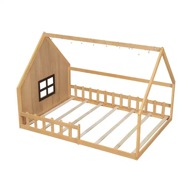 Letto a terra full size per bambini, letto Montessori in legno con recinzione e luce LED, letto a casetta full size con finestra e tetto per bambine e bambini
