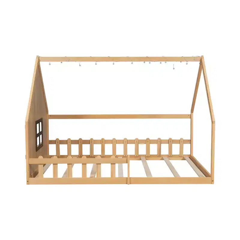 Letto a terra full size per bambini, letto Montessori in legno con recinzione e luce LED, letto a casetta full size con finestra e tetto per bambine e bambini