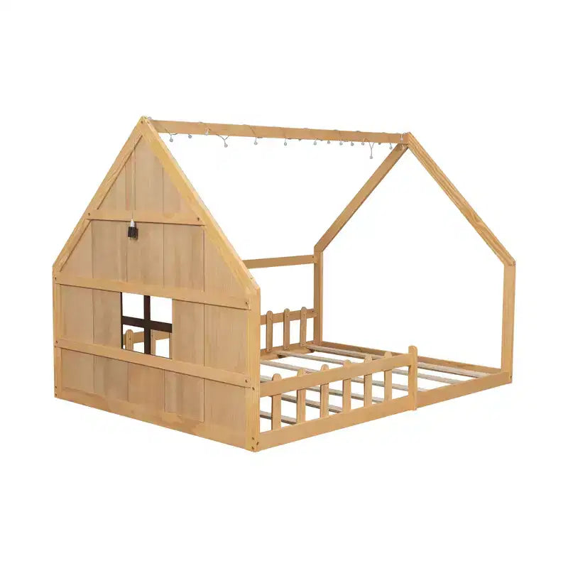 Letto a terra full size per bambini, letto Montessori in legno con recinzione e luce LED, letto a casetta full size con finestra e tetto per bambine e bambini