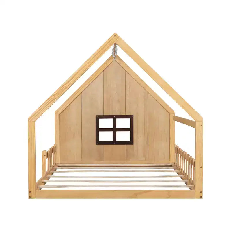 Letto a terra full size per bambini, letto Montessori in legno con recinzione e luce LED, letto a casetta full size con finestra e tetto per bambine e bambini