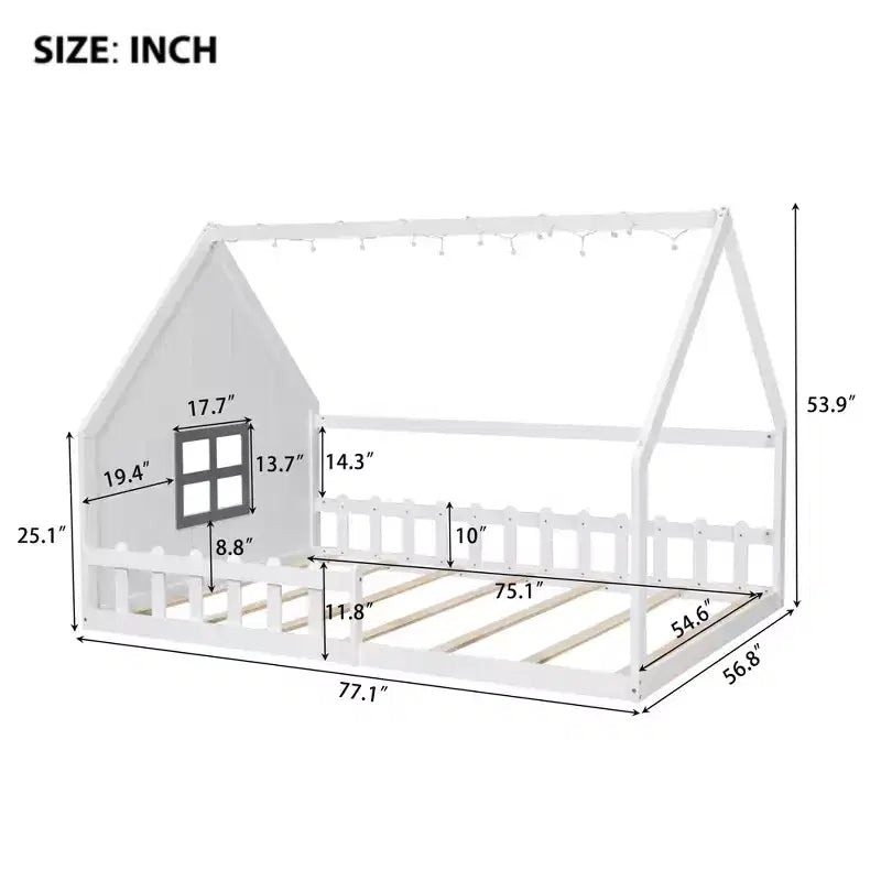 Letto a terra full size per bambini, letto Montessori in legno con recinzione e luce LED, letto a casetta full size con finestra e tetto per bambine e bambini