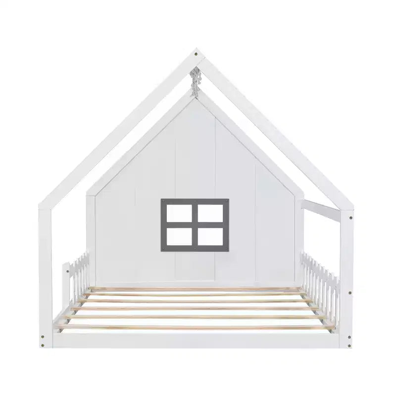Letto a terra full size per bambini, letto Montessori in legno con recinzione e luce LED, letto a casetta full size con finestra e tetto per bambine e bambini