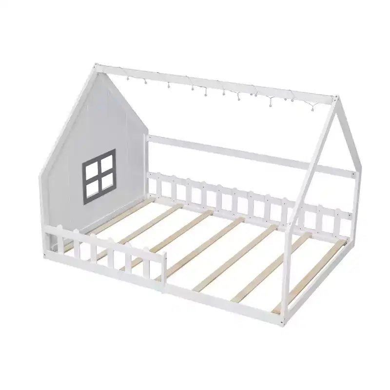 Letto a terra full size per bambini, letto Montessori in legno con recinzione e luce LED, letto a casetta full size con finestra e tetto per bambine e bambini