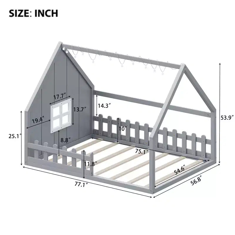 Letto a terra full size per bambini, letto Montessori in legno con recinzione e luce LED, letto a casetta full size con finestra e tetto per bambine e bambini