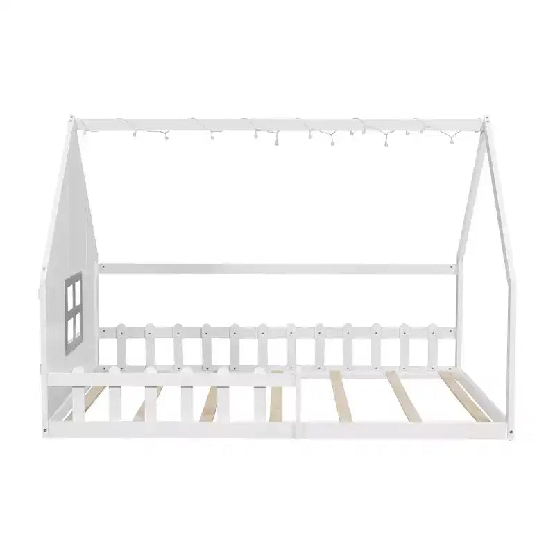 Letto a terra full size per bambini, letto Montessori in legno con recinzione e luce LED, letto a casetta full size con finestra e tetto per bambine e bambini