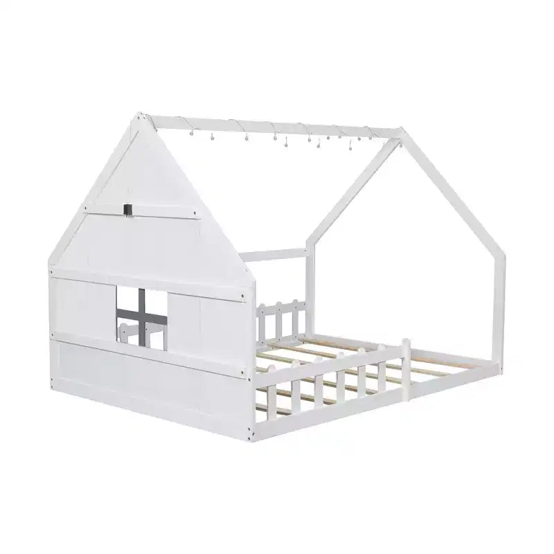 Letto a terra full size per bambini, letto Montessori in legno con recinzione e luce LED, letto a casetta full size con finestra e tetto per bambine e bambini