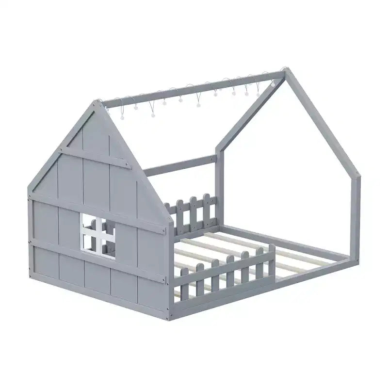 Letto a terra full size per bambini, letto Montessori in legno con recinzione e luce LED, letto a casetta full size con finestra e tetto per bambine e bambini