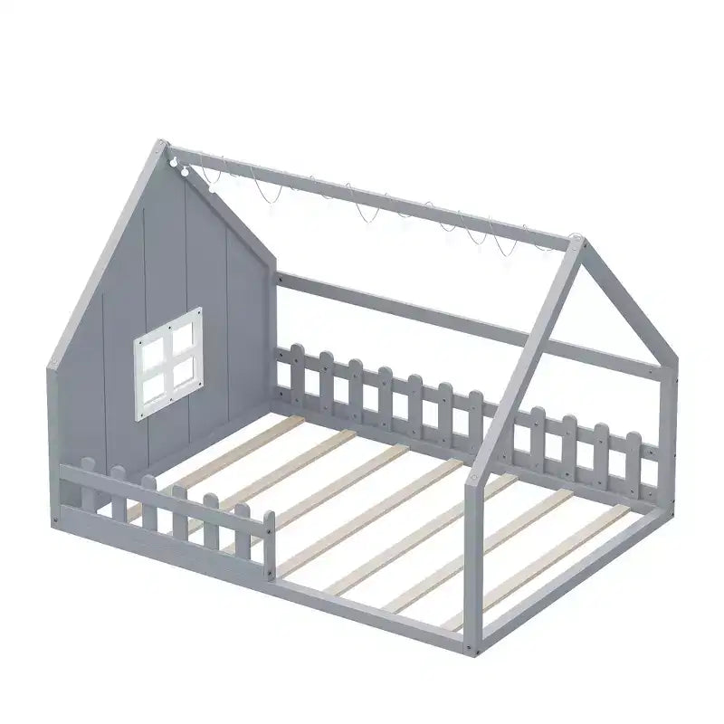 Letto a terra full size per bambini, letto Montessori in legno con recinzione e luce LED, letto a casetta full size con finestra e tetto per bambine e bambini
