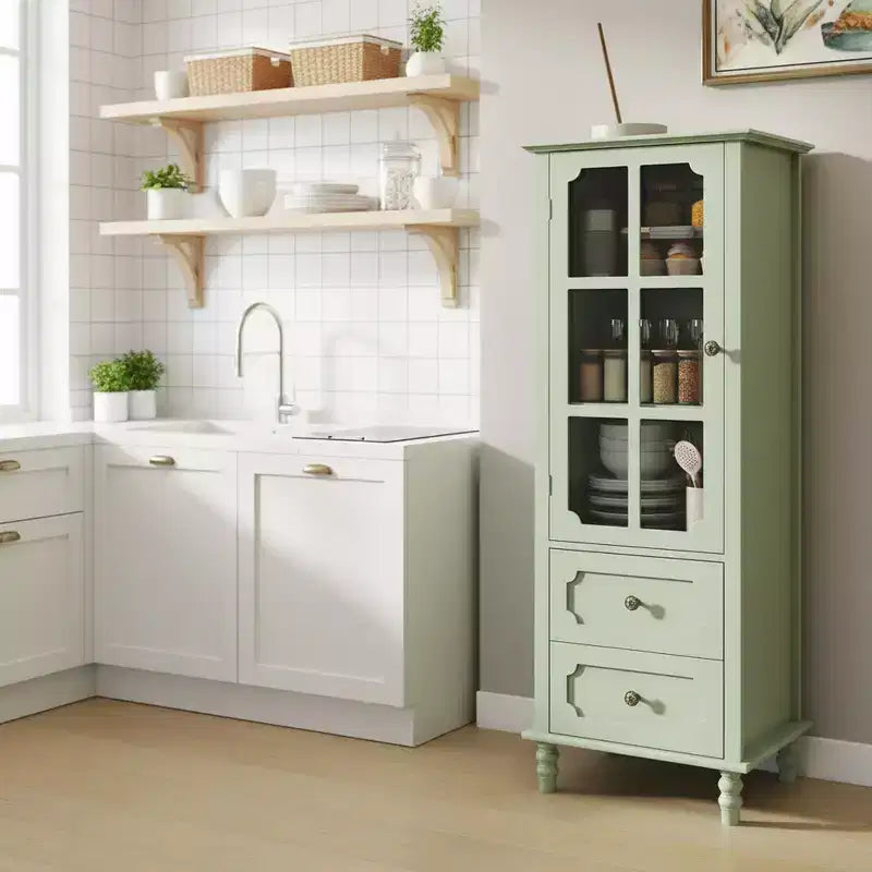 Dispensa Alta da Cucina con Ante in Vetro e Cassetti, Gambe in Legno Massello per Sala da Pranzo o Soggiorno
