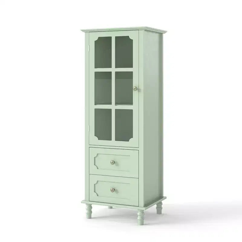 Dispensa Alta da Cucina con Ante in Vetro e Cassetti, Gambe in Legno Massello per Sala da Pranzo o Soggiorno