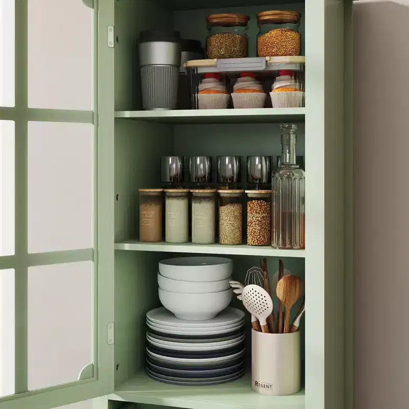 Dispensa Alta da Cucina con Ante in Vetro e Cassetti, Gambe in Legno Massello per Sala da Pranzo o Soggiorno