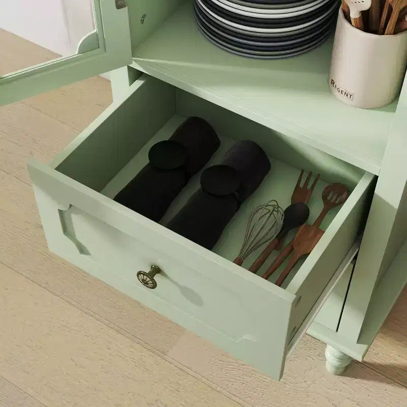 Dispensa Alta da Cucina con Ante in Vetro e Cassetti, Gambe in Legno Massello per Sala da Pranzo o Soggiorno