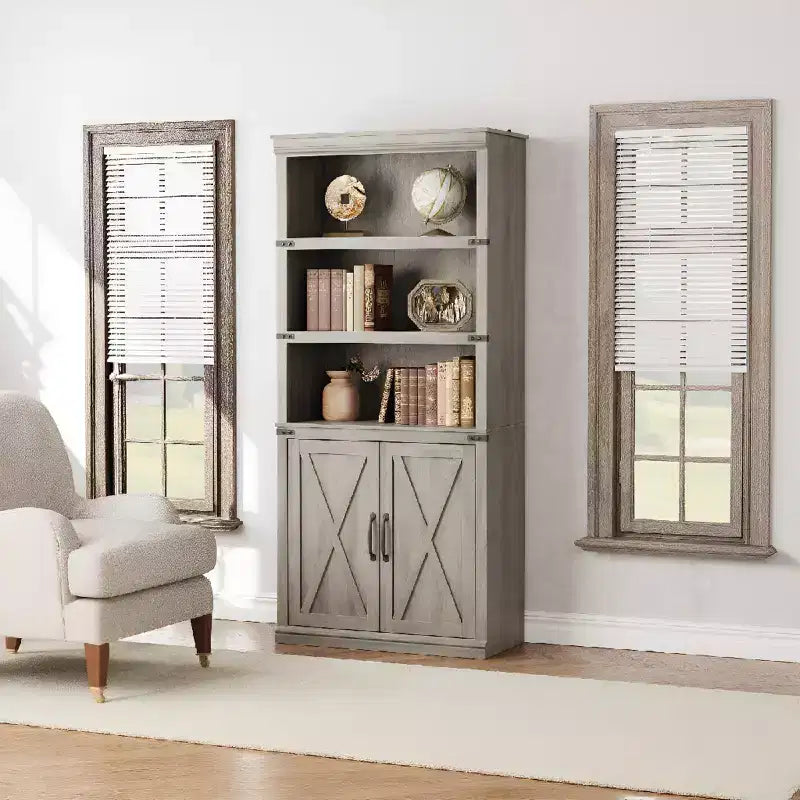 Libreria a 5 ripiani alta 174,5 cm con armadietto contenitore, scaffale rustico in legno stile rustico, espositore indipendente per soggiorno, camera da letto