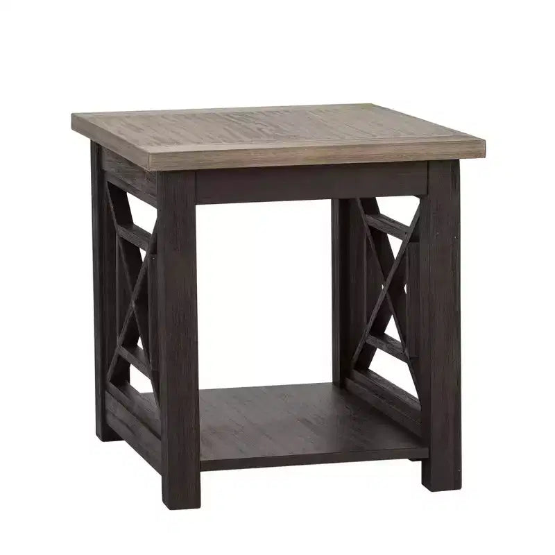 Tavolino contemporaneo in legno di acacia color carbone, design a griglia aperta con ripiano inferiore