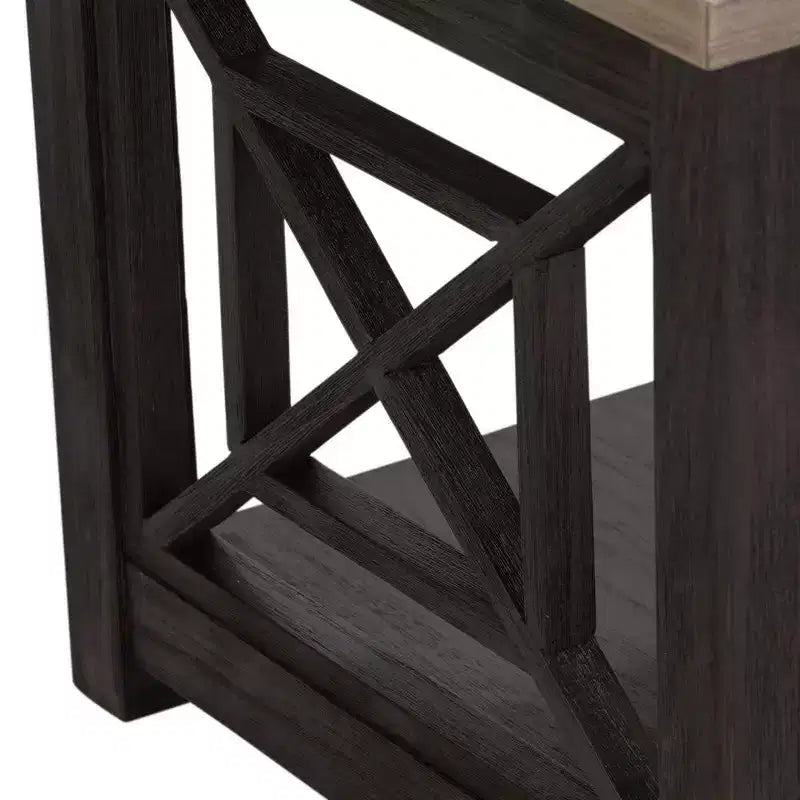 Tavolino contemporaneo in legno di acacia color carbone, design a griglia aperta con ripiano inferiore