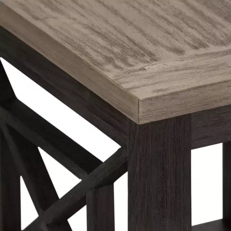 Tavolino contemporaneo in legno di acacia color carbone, design a griglia aperta con ripiano inferiore