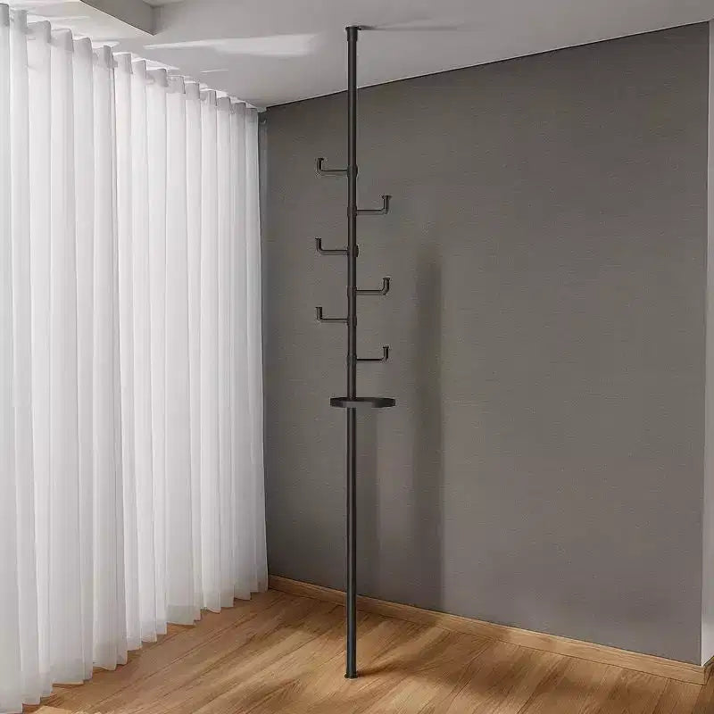 Appendiabiti a tutta altezza con palo a tensione regolabile, albero appendiabiti con vassoio e ganci per soggiorno, ingresso e balcone, nero